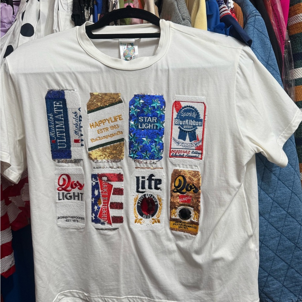 QUEEN OF SPARKLES White Tee with Colorful Can Graphics